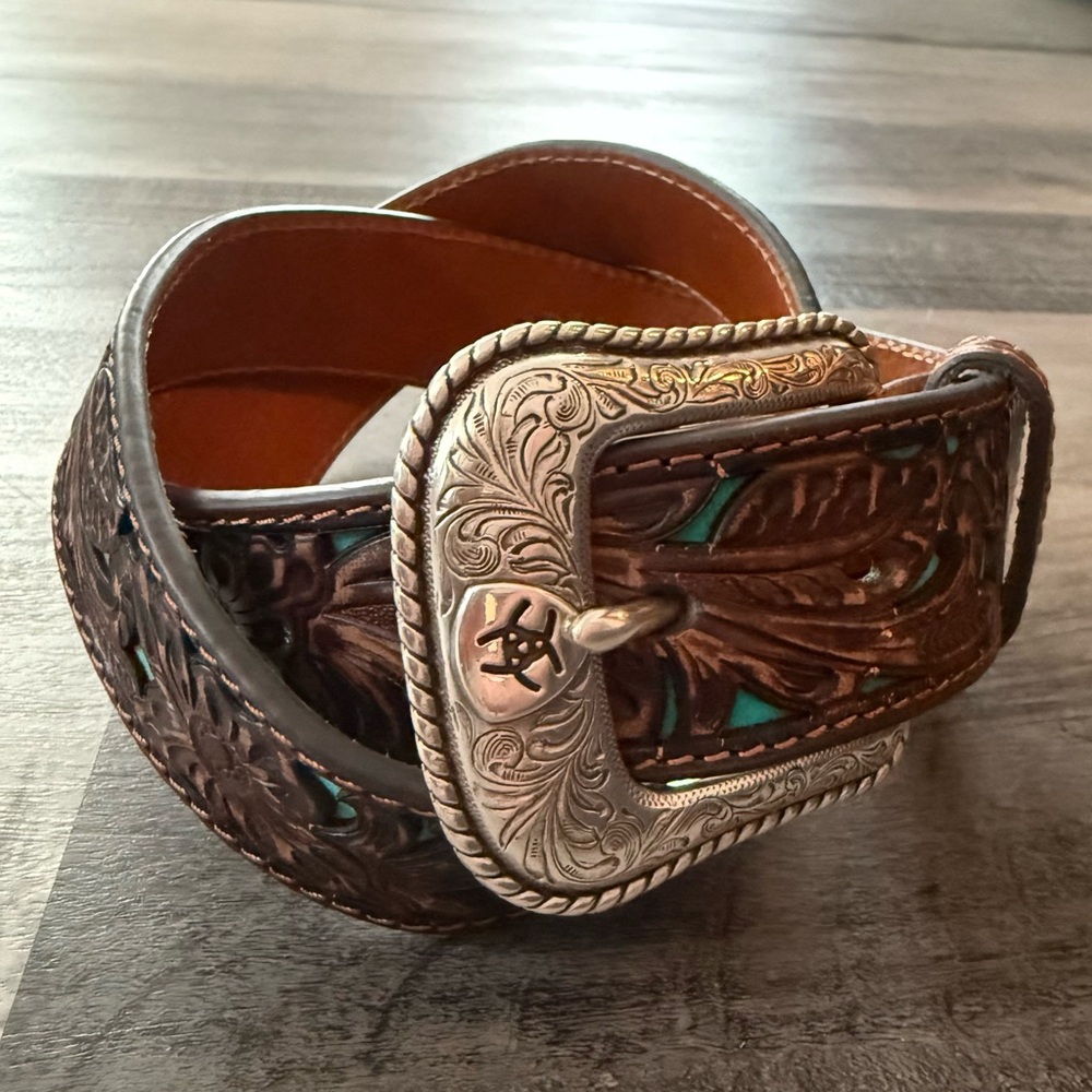 Ariat | Turquoise, Brown and Silver Western Leather Tooled Belt